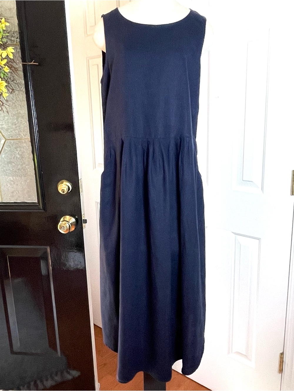MALVIN I Love Linen Navy Blue Sleeveless Dress 100% Linen Dropped Waist Sz Large